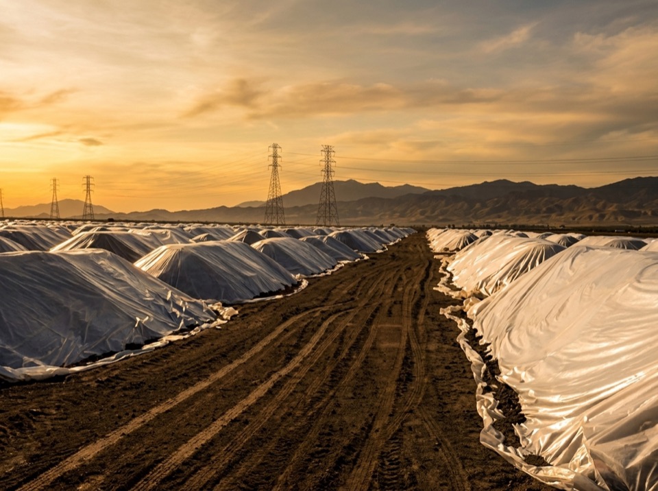 Almond stockpile tarps covering hull stockpiles at sunset in California’s Central Valley